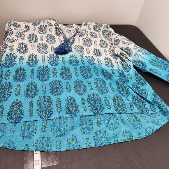 Sundance Olivia Ombre Top Size Large Blue White Peasant Tassels V Neck Floral - Picture 7 of 11